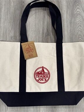 Canvas Tote in Natural with Navy Trim and Red Logo